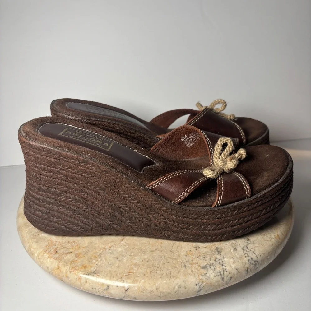 VTG Arizona Jean Co Platform Wedge Sandals 9M Brown Leather Rope Bow Y2K Bratz